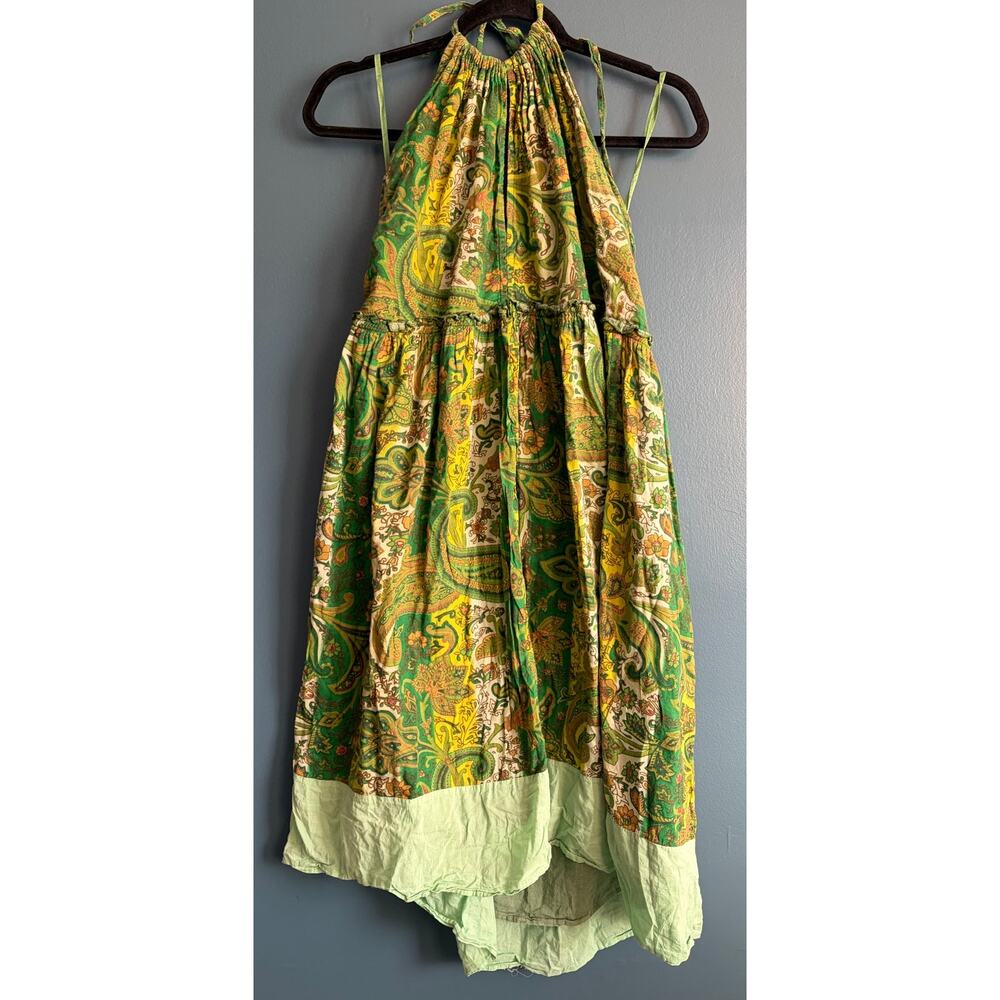 Y2K Blue Plate Woman's Green BOHO Fairy Halter Paisley Lined Dress Size 2X